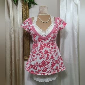 ♡ Y2K ♡ Hollister Pink & White Floral Babydoll Empire Waist Top 2000s Grail